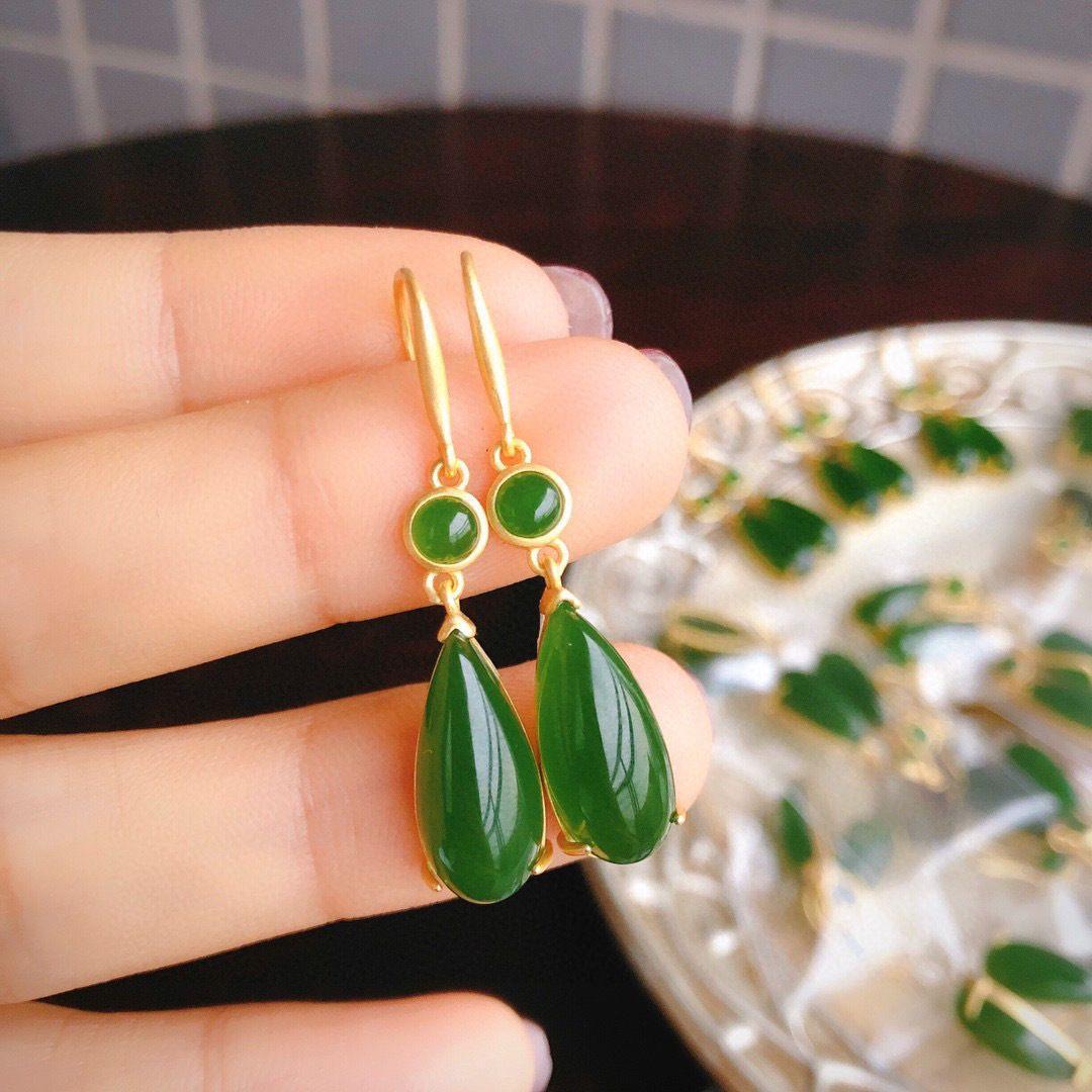 Bieauli Earrings Green Natural Jadeite Emerald Earrings - Water Drop Design - Perfect Gift for Mother or Grandmothe