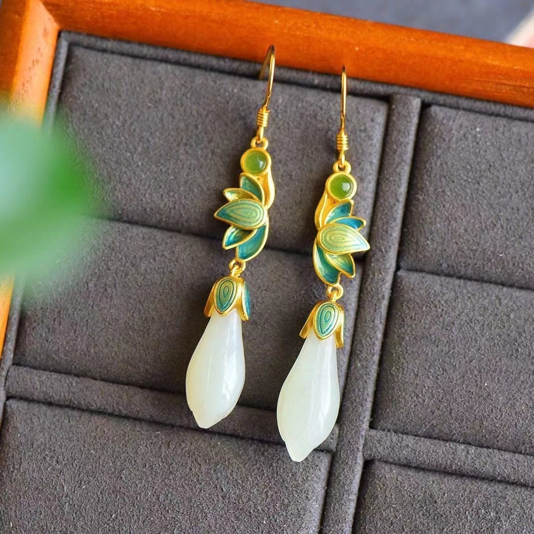 Bieauli Jewellery London Earrings Magnolia Flower Eardrop Female Flowers Natural Hetian Jade Earrings Perfect Gift for Mother