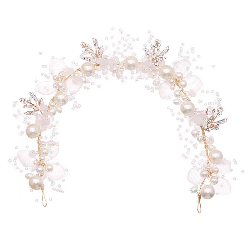 Bieauli Jewellery London Pearl flower headband, bridal headband, bridal hair accessories, hand-woven golden leaf headpiece, flower girl headpiece