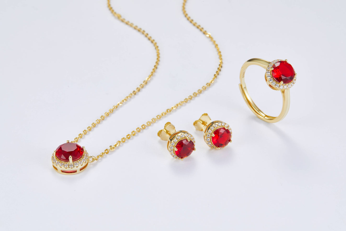 Bieauli Necklace, Ring & Earrings Set Gold & Ruby Earrings, Necklace and Ring Set - July Birthstone