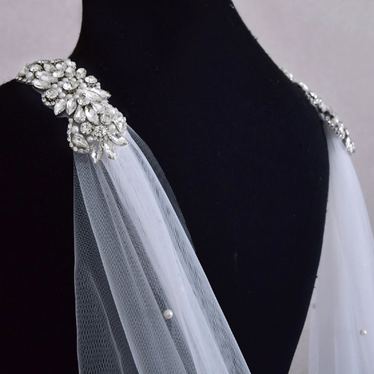 Bieauli Pearl & Rhinestone Wedding Cape Veil, Bridal Cape Veil