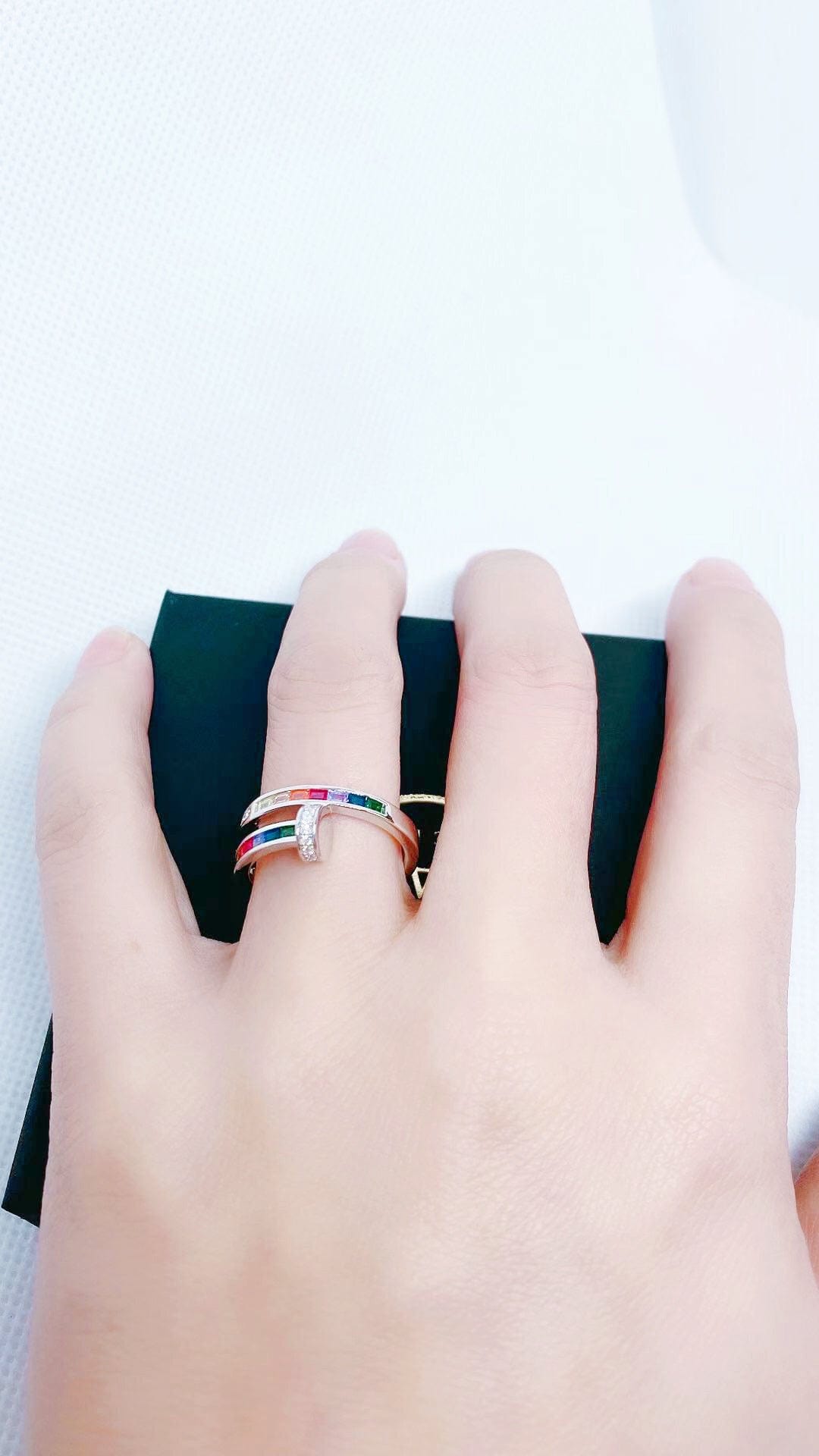 Bieauli Ring Rainbow Ring, sterling silver spiral nail ring, multicoloured stones, best friends ring