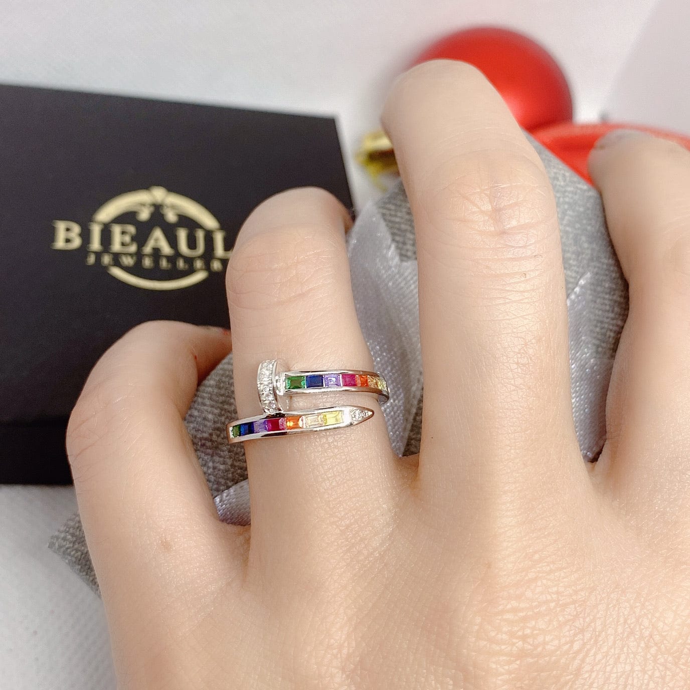 Bieauli Ring Rainbow Ring, sterling silver spiral nail ring, multicoloured stones, best friends ring
