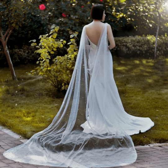 Bieauli Shoulder Jewelry Pearl Cape Veil,Bridal Wedding Veil,Long Cape