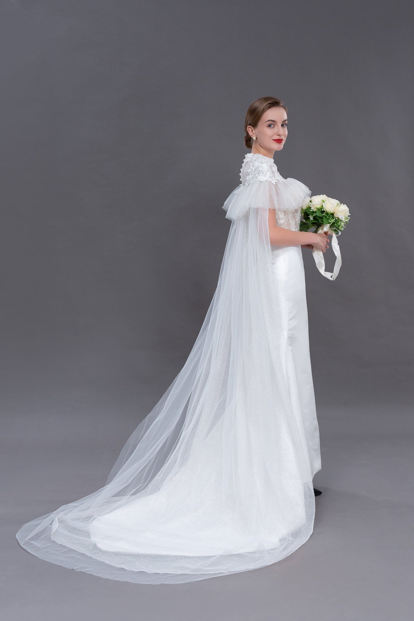 Bieauli veil ivor wedding cape, elegant lace, tulle cape veil, bridal cape, bridal robe, sheer cover-up,detachable train