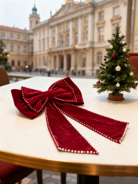 Custom Red Velvet Christmas Tree Bow with Pearls, European - Style Holiday Bow Ornament, Personalized Color/Fabric/Size/Design Christmas Decoration