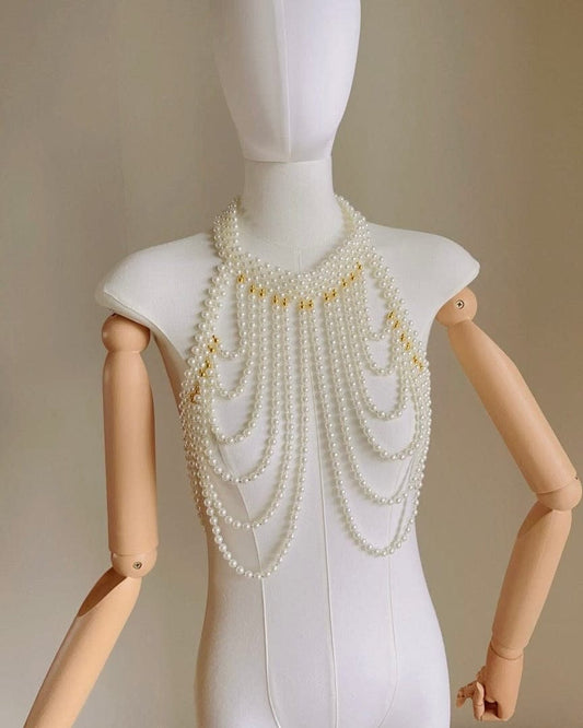 Bieauli belts Handmade pearl body chain, bridal body jewelry, pearl body chain bra, shoulder necklace bra, pearl cape, bikini jewelry