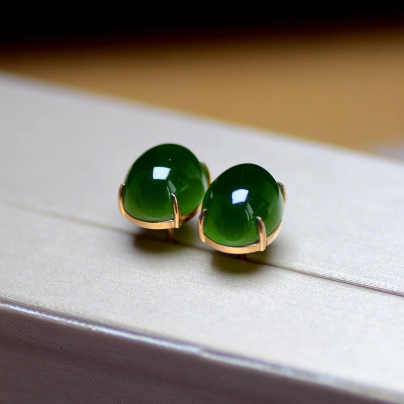 Bieauli Earrings green Natural jade earrings 925 sterling silver gold, Hetian jade gold inlaid jade spinach green ear nail, green earrings, grandmother green