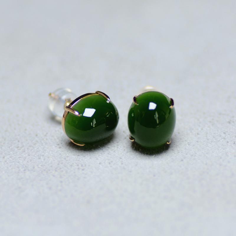 Bieauli Earrings green Natural jade earrings 925 sterling silver gold, Hetian jade gold inlaid jade spinach green ear nail, green earrings, grandmother green