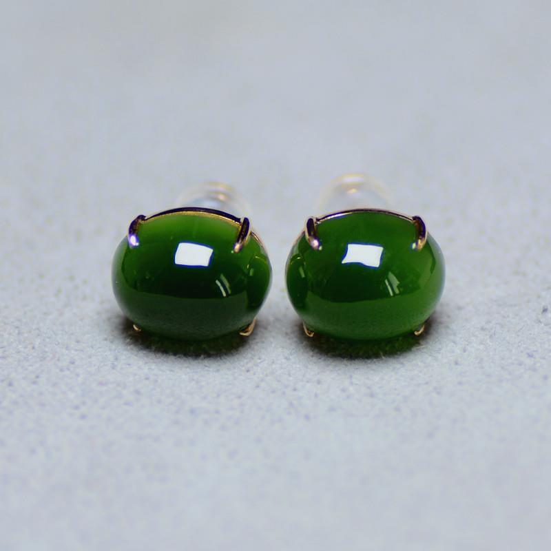 Bieauli Earrings green Natural jade earrings 925 sterling silver gold, Hetian jade gold inlaid jade spinach green ear nail, green earrings, grandmother green