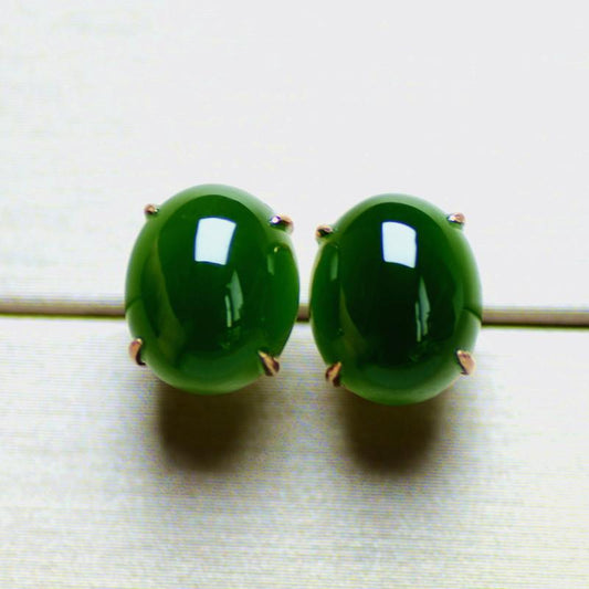 Bieauli Earrings green Natural jade earrings 925 sterling silver gold, Hetian jade gold inlaid jade spinach green ear nail, green earrings, grandmother green