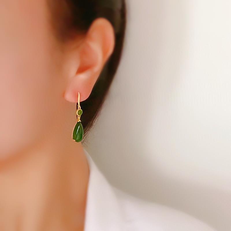 Bieauli Earrings Green Natural Jadeite Emerald Earrings - Water Drop Design - Perfect Gift for Mother or Grandmothe