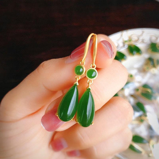 Bieauli Earrings Green Natural Jadeite Emerald Earrings - Water Drop Design - Perfect Gift for Mother or Grandmothe