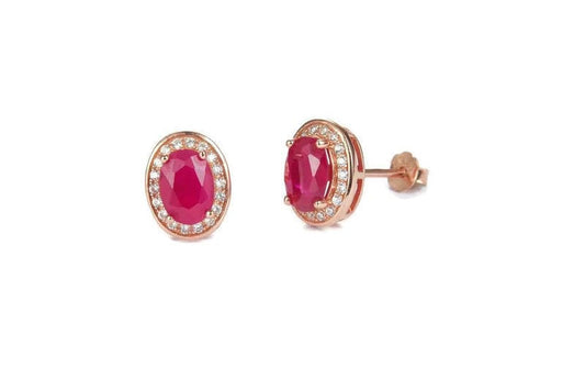 Bieauli Earrings Rose Gold & Ruby Earrings, oval stone, rose gold, sterling silver, July birthstone