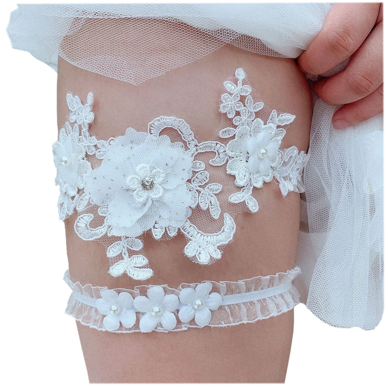 Bieauli garters White floral lace bridal wedding garter, bridal floral garter, fairytale wedding garter