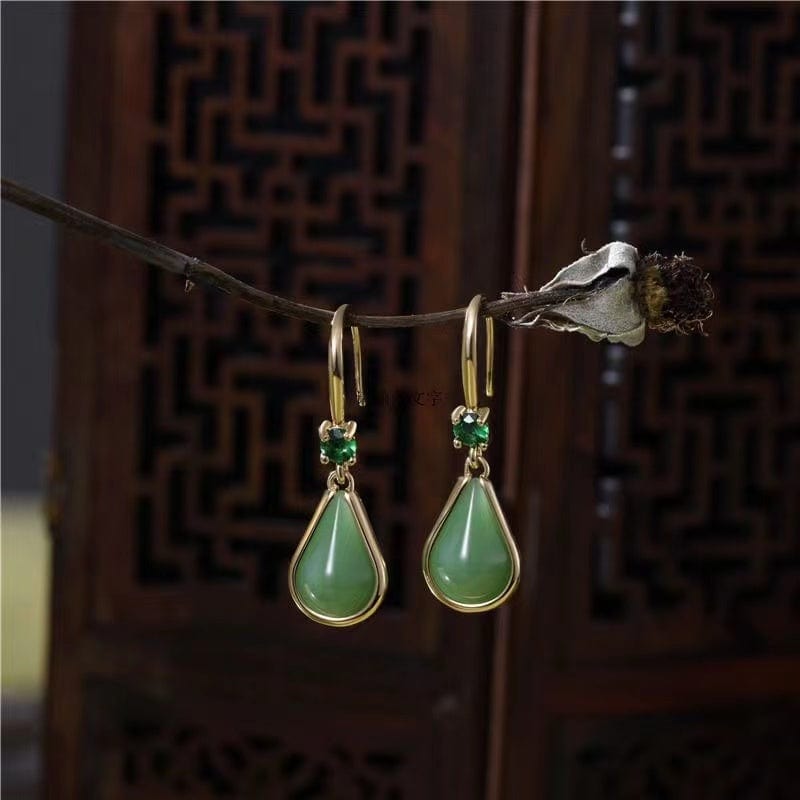 Bieauli Jewellery London Earrings Green Natural Jade Long Temperament Earrings