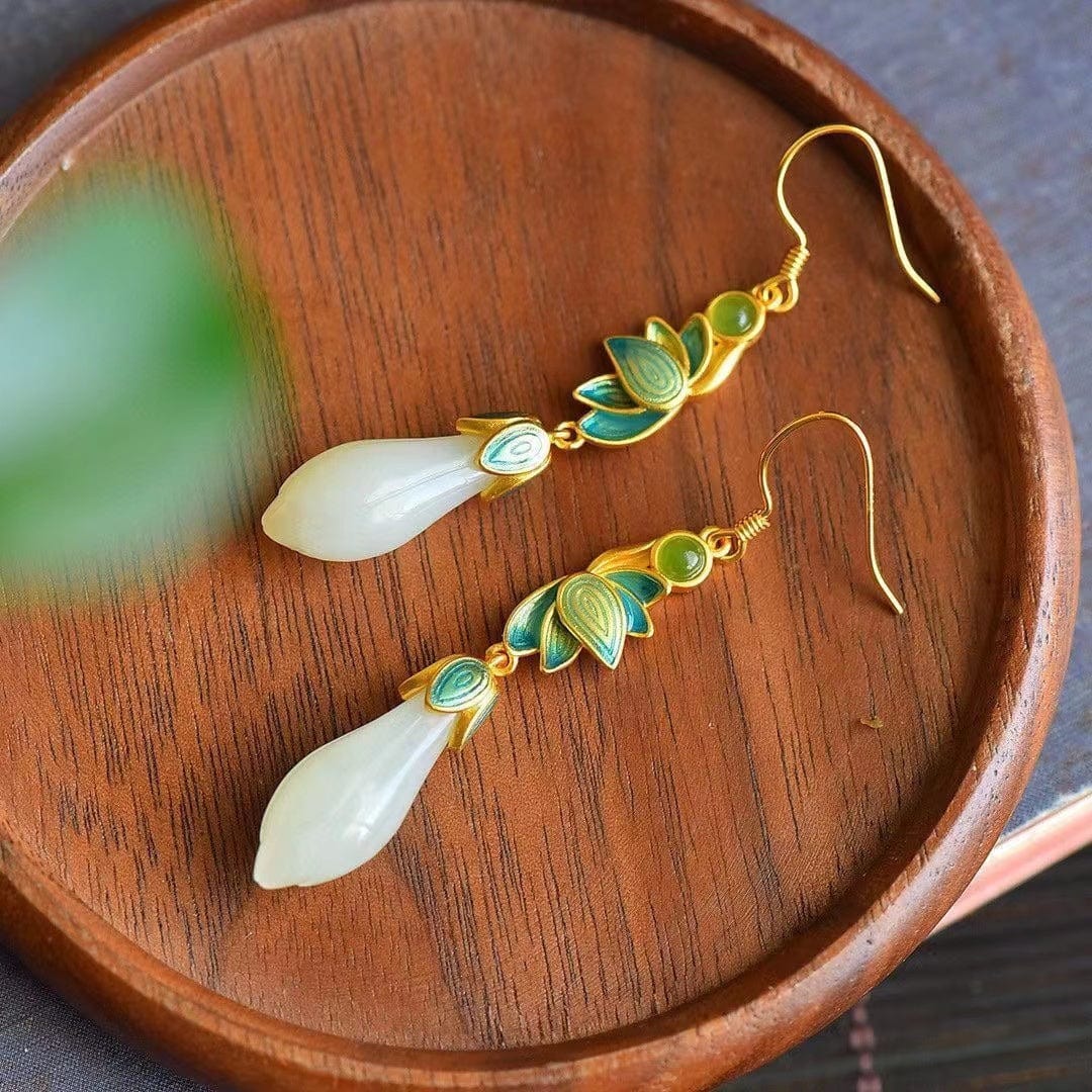 Bieauli Jewellery London Earrings Magnolia Flower Eardrop Female Flowers Natural Hetian Jade Earrings Perfect Gift for Mother