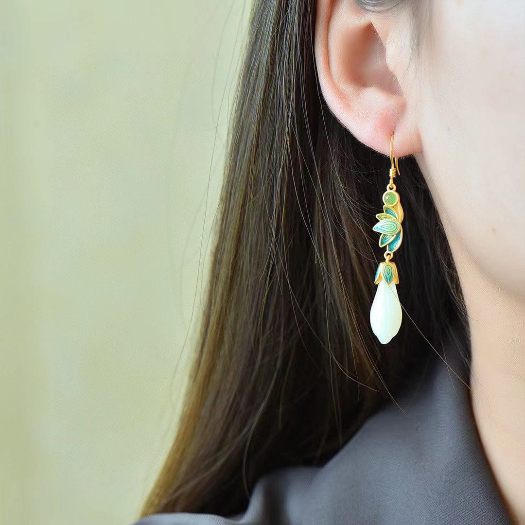 Bieauli Jewellery London Earrings Magnolia Flower Eardrop Female Flowers Natural Hetian Jade Earrings Perfect Gift for Mother