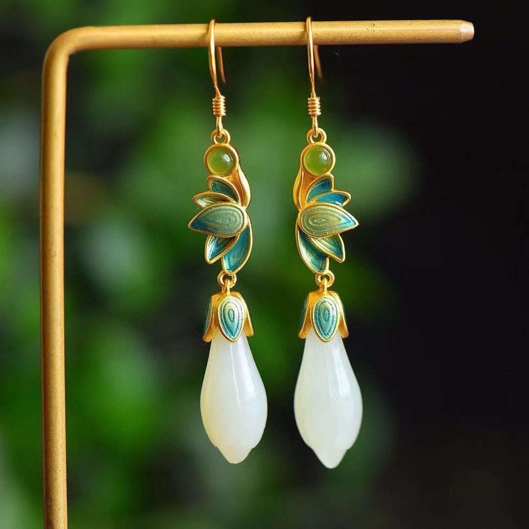 Bieauli Jewellery London Earrings Magnolia Flower Eardrop Female Flowers Natural Hetian Jade Earrings Perfect Gift for Mother