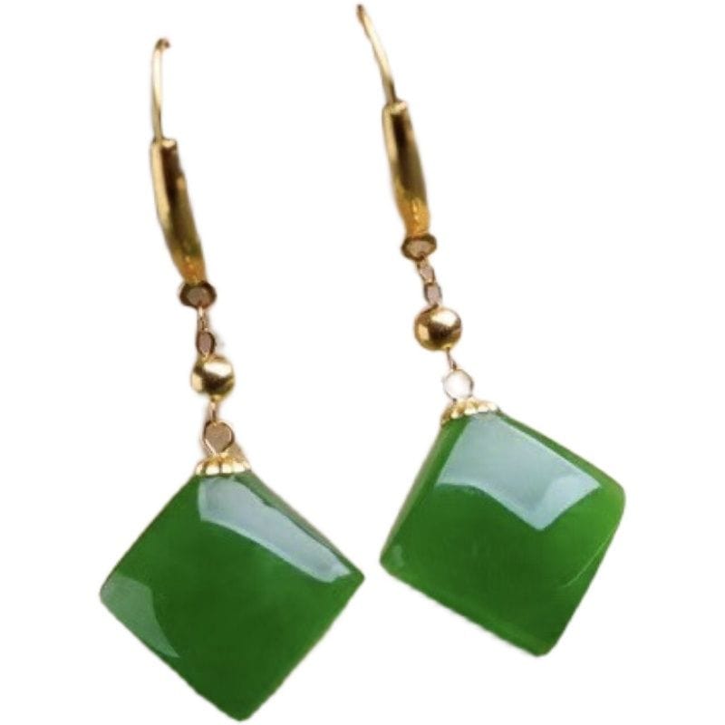 Bieauli Jewellery London Earrings Square Emerald Green Earrings, Natural Chinese Hetian Jade Earrings