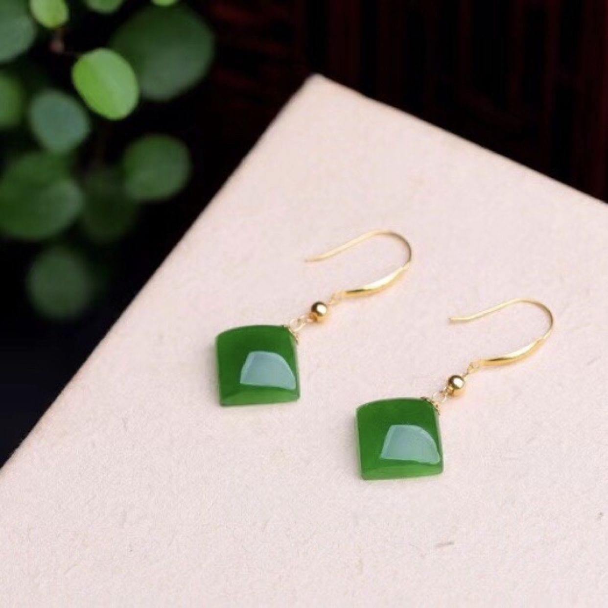 Bieauli Jewellery London Earrings Square Emerald Green Earrings, Natural Chinese Hetian Jade Earrings