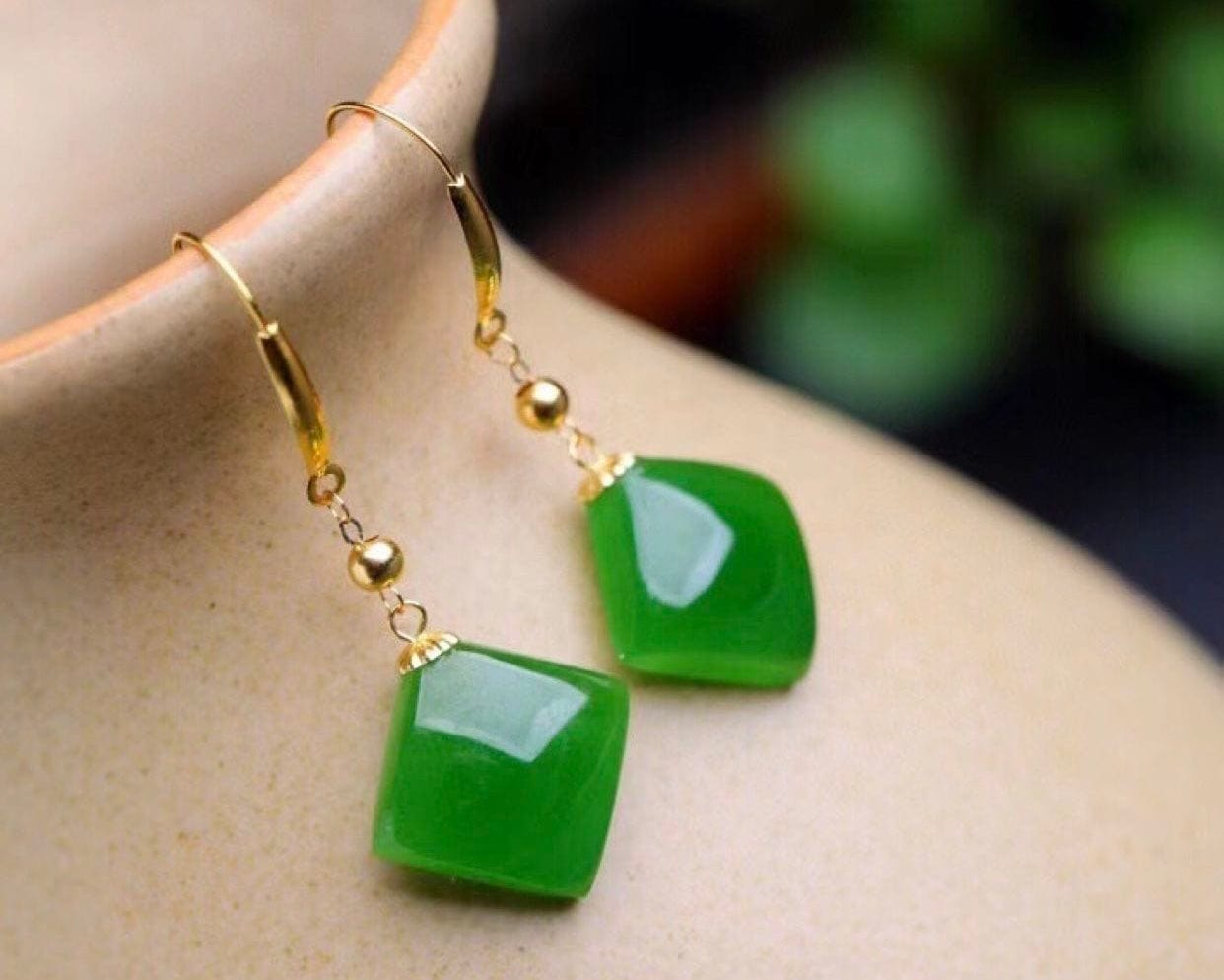 Bieauli Jewellery London Earrings Square Emerald Green Earrings, Natural Chinese Hetian Jade Earrings