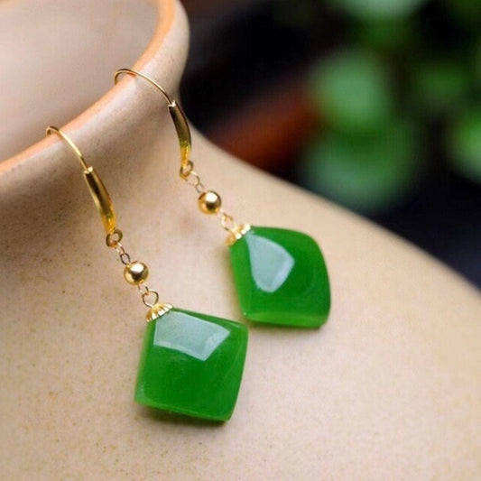 Bieauli Jewellery London Earrings Square Emerald Green Earrings, Natural Chinese Hetian Jade Earrings
