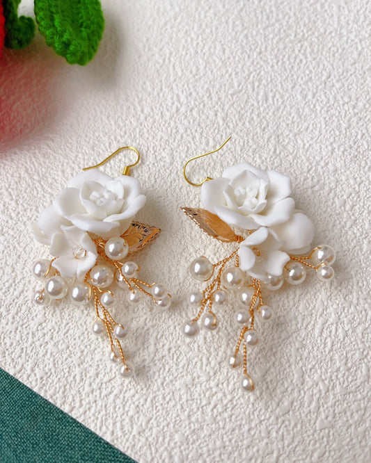 Bieauli Jewellery London Earrings Wedding Drop Earrings, Wedding Flower Earrings, Clay Flower Chandelier Earrings, Bridal Dangle Earrings, Flower Earrings