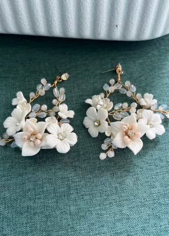 Bieauli Jewellery London Earrings White porcelain flower bridal earrings with freshwater pearls, bridal wedding earrings, boho flower earrings, bridal party accessories