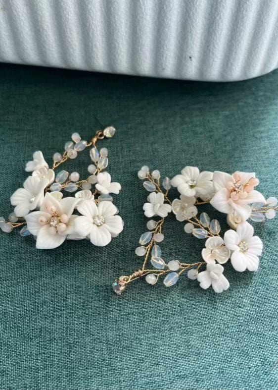 Bieauli Jewellery London Earrings White porcelain flower bridal earrings with freshwater pearls, bridal wedding earrings, boho flower earrings, bridal party accessories