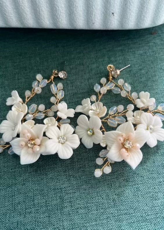 Bieauli Jewellery London Earrings White porcelain flower bridal earrings with freshwater pearls, bridal wedding earrings, boho flower earrings, bridal party accessories