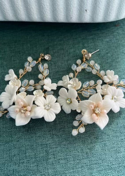 Bieauli Jewellery London Earrings White porcelain flower bridal earrings with freshwater pearls, bridal wedding earrings, boho flower earrings, bridal party accessories