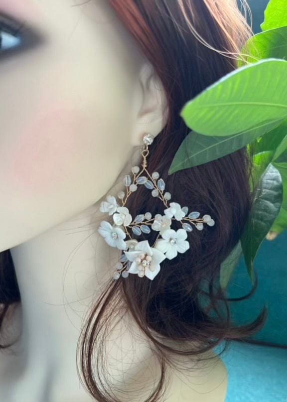 Bieauli Jewellery London Earrings White porcelain flower bridal earrings with freshwater pearls, bridal wedding earrings, boho flower earrings, bridal party accessories