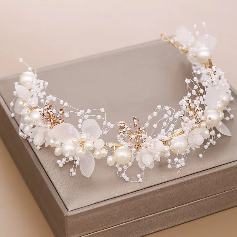 Bieauli Jewellery London Pearl flower headband, bridal headband, bridal hair accessories, hand-woven golden leaf headpiece, flower girl headpiece