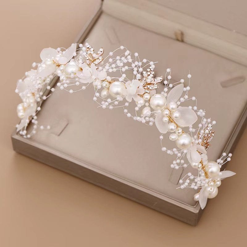 Bieauli Jewellery London Pearl flower headband, bridal headband, bridal hair accessories, hand-woven golden leaf headpiece, flower girl headpiece
