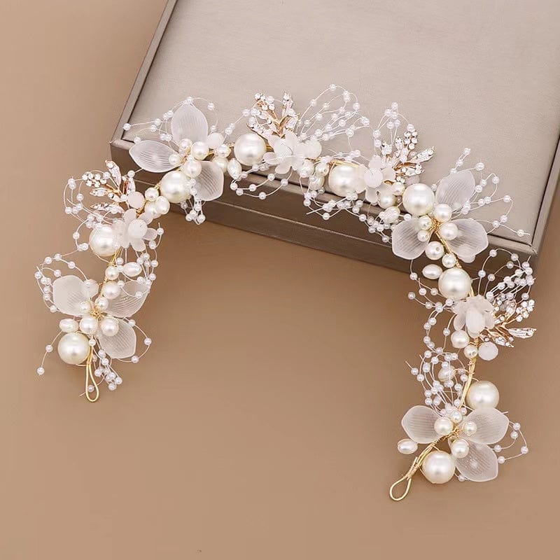 Bieauli Jewellery London Pearl flower headband, bridal headband, bridal hair accessories, hand-woven golden leaf headpiece, flower girl headpiece