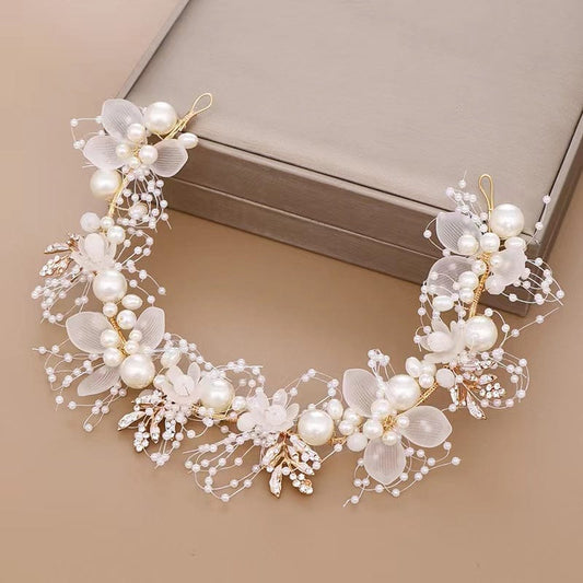 Bieauli Jewellery London Pearl flower headband, bridal headband, bridal hair accessories, hand-woven golden leaf headpiece, flower girl headpiece