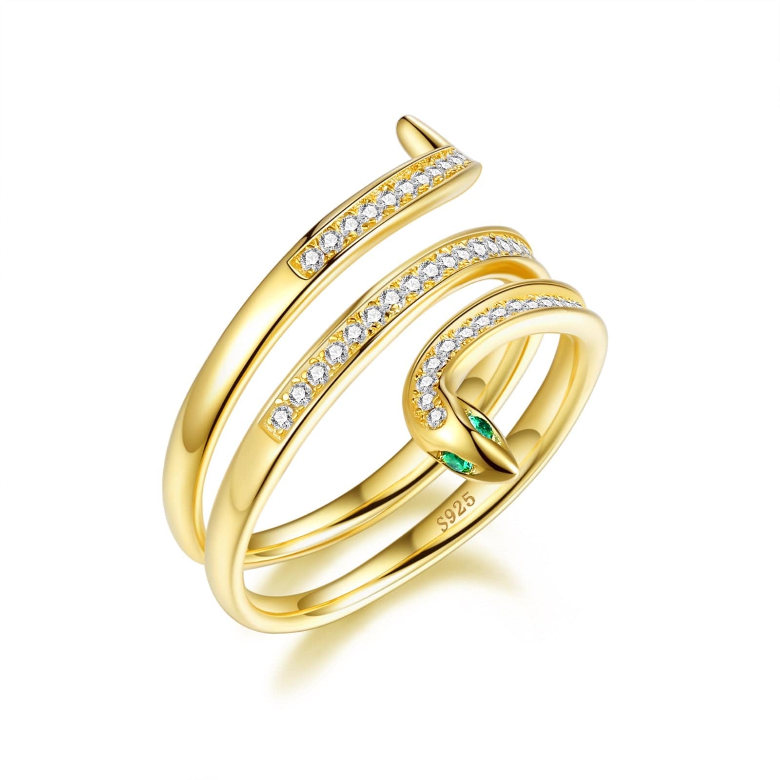 Bieauli Jewellery London Ring 8 / Yellow Gold Serpent Ring, snake design ring, green emerald eyes, rose gold, white gold, yellow gold,open serpent band