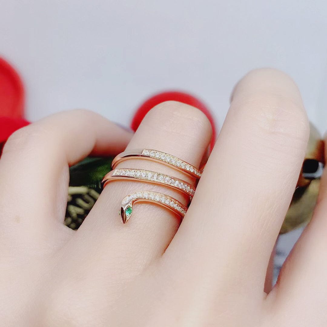 Bieauli Jewellery London Ring Serpent Ring, snake design ring, green emerald eyes, rose gold, white gold, yellow gold,open serpent band