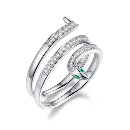 Bieauli Jewellery London Ring Serpent Ring, snake design ring, green emerald eyes, rose gold, white gold, yellow gold,open serpent band