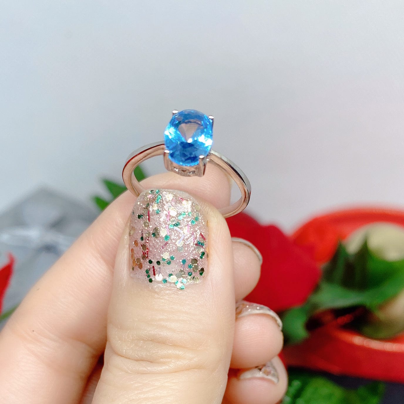 Bieauli Jewellery London Ring Silver & Topaz Engagement Ring, oval gemstone, sterling silver, November Birthstone