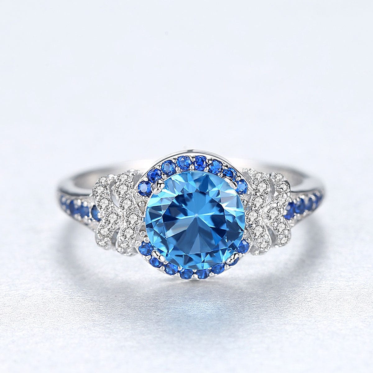 Bieauli Jewellery London Ring Silver & Topaz Gemstone Engagement Ring,  round gemstone ring, romantic gift for her, November Birthstone Ring