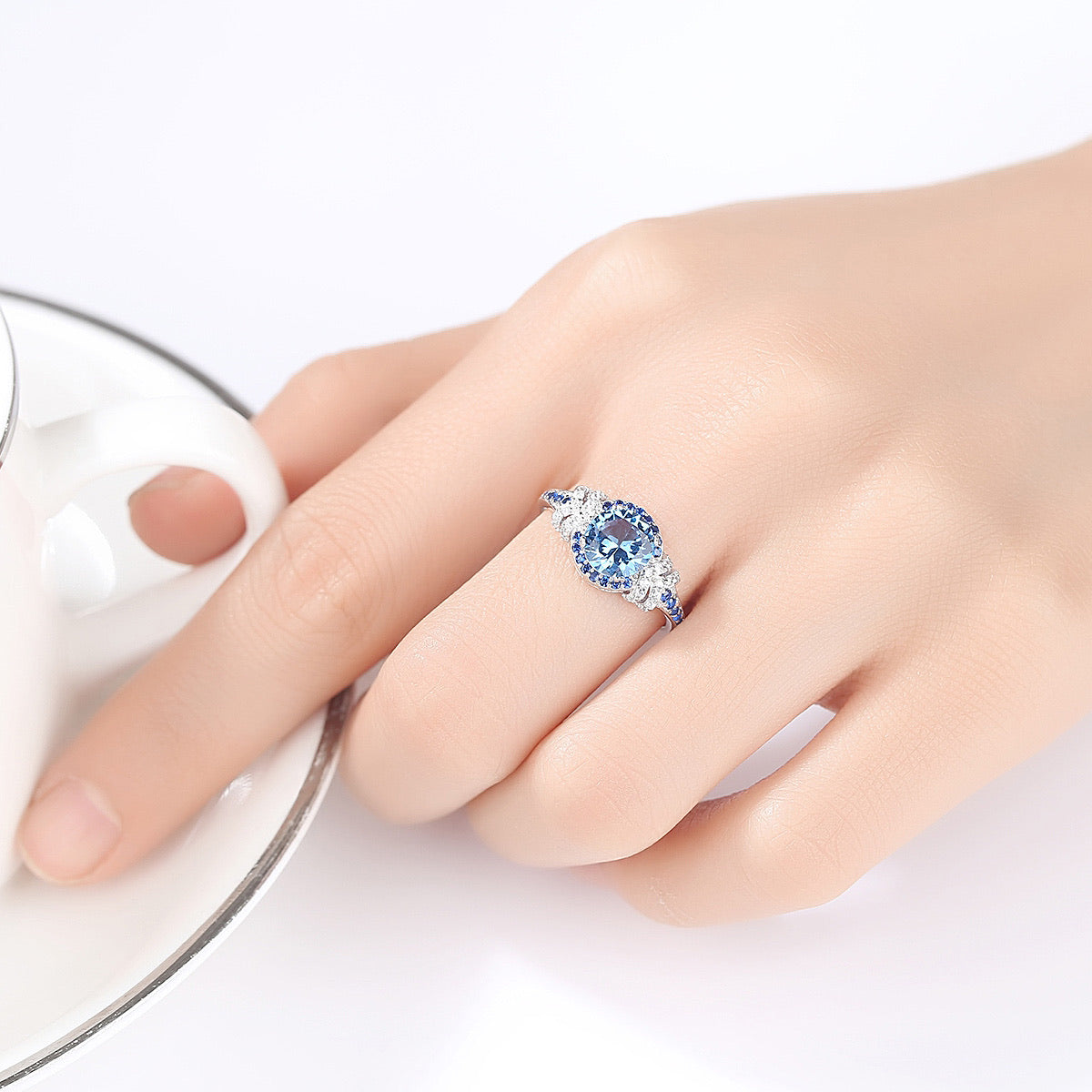 Bieauli Jewellery London Ring Silver & Topaz Gemstone Engagement Ring,  round gemstone ring, romantic gift for her, November Birthstone Ring