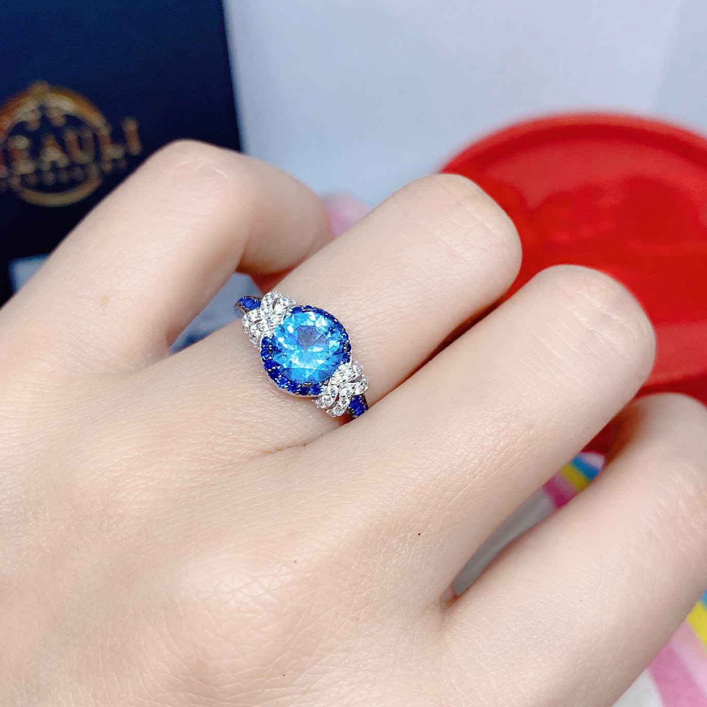 Bieauli Jewellery London Ring Silver & Topaz Gemstone Engagement Ring,  round gemstone ring, romantic gift for her, November Birthstone Ring