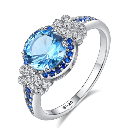 Bieauli Jewellery London Ring Silver & Topaz Gemstone Engagement Ring,  round gemstone ring, romantic gift for her, November Birthstone Ring