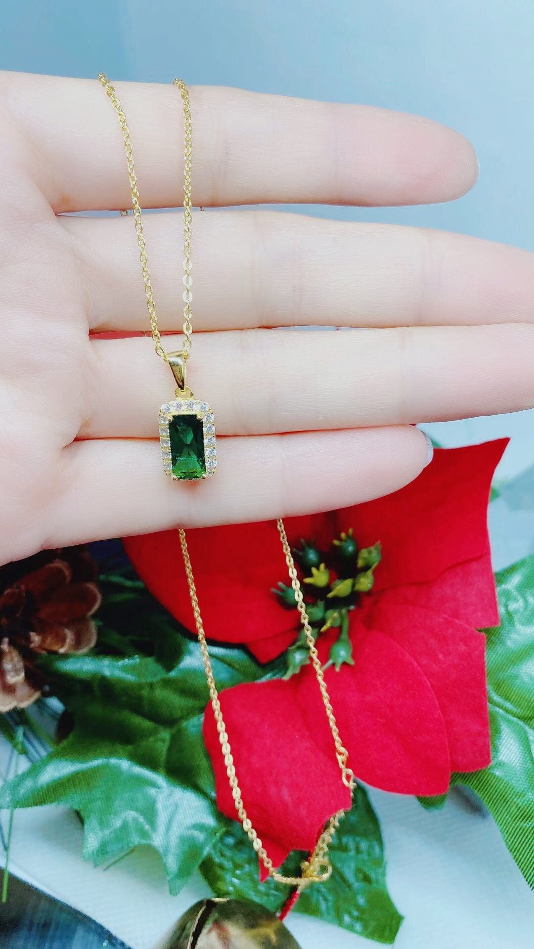 Bieauli Necklace 18k Gold Plated Sterling Silver Necklace With Green Emerald Pendant
