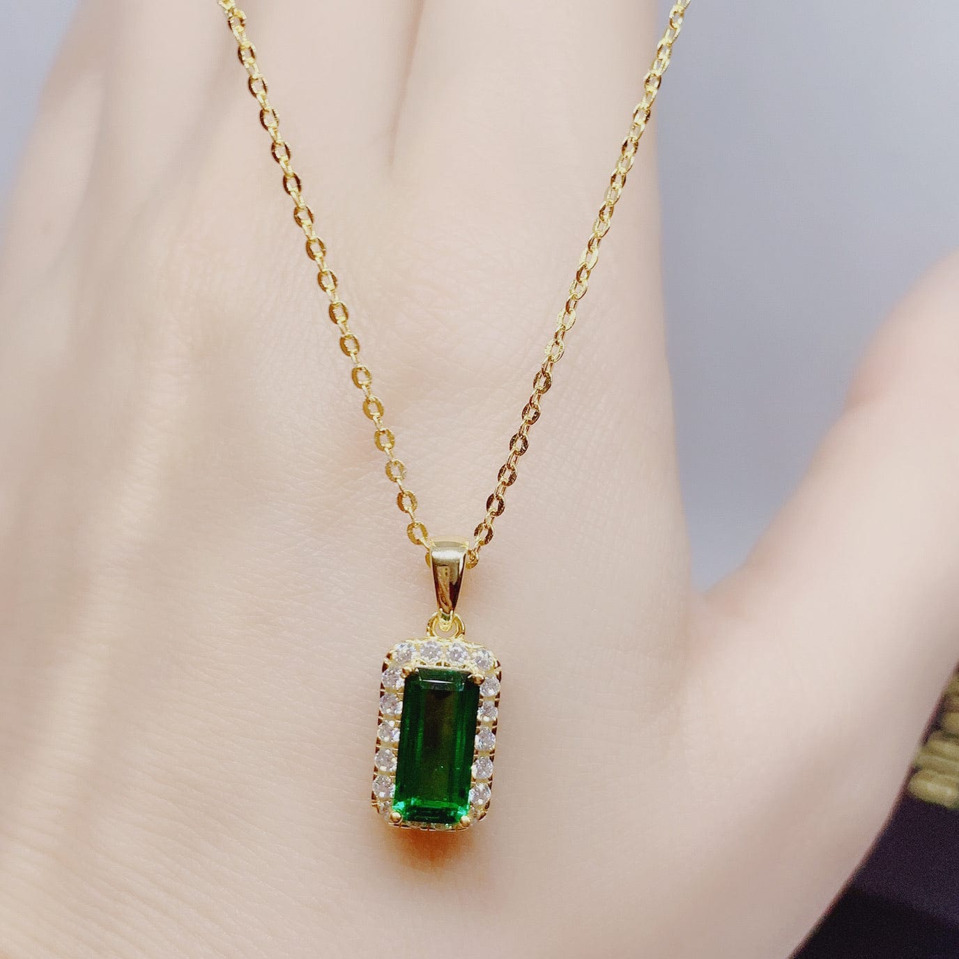 Bieauli Necklace 18k Gold Plated Sterling Silver Necklace With Green Emerald Pendant