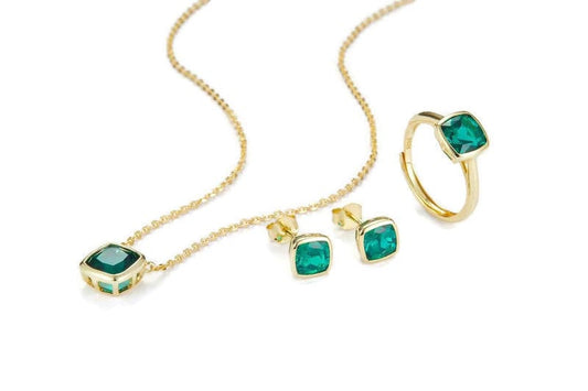Bieauli Necklace, Ring & Earrings Set Gold & Emerald Earrings, Necklace and Ring Set - May birthstone