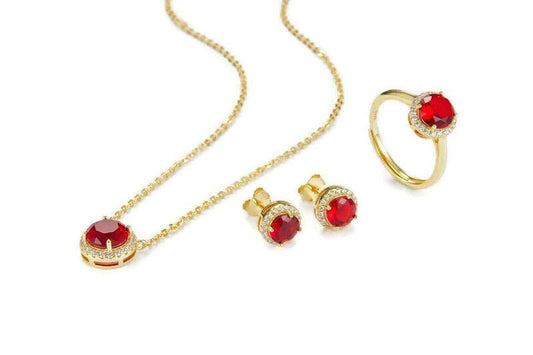 Bieauli Necklace, Ring & Earrings Set Gold & Ruby Earrings, Necklace and Ring Set - July Birthstone