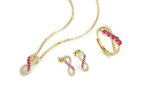 Bieauli Necklace, Ring & Earrings Set Infinity Knot Gold, Ruby & Zirconia Ring, Earrings and Necklace Set